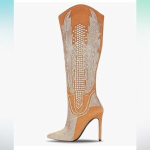 Tan Rhinestone Embellished Women's Heeled Cowboy Boots